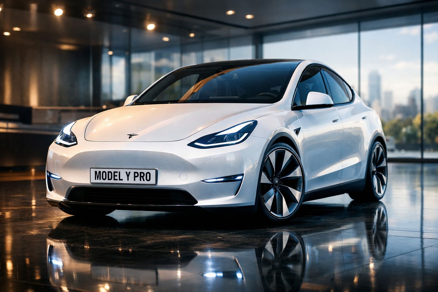 Carro elétrico Tesla Model Y Pro branco estacionado em piso refletor dentro de edifício moderno.