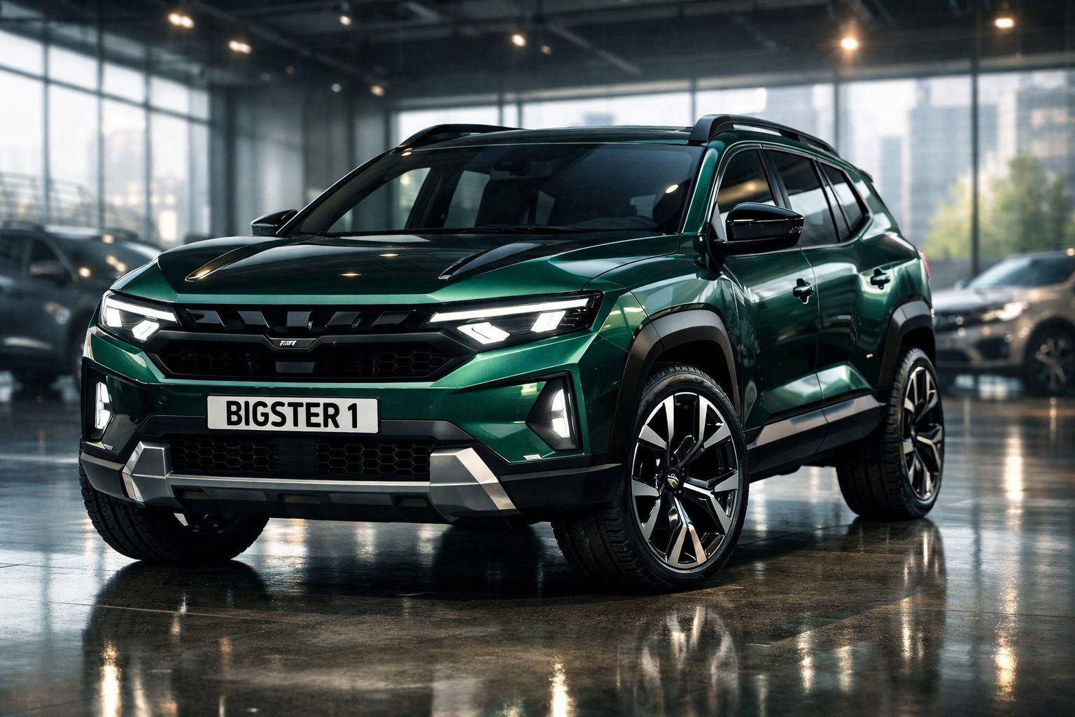 SUV verde escuro estacionado em interior de showroom com luzes LED ligadas e matrícula BIGSTER 1.