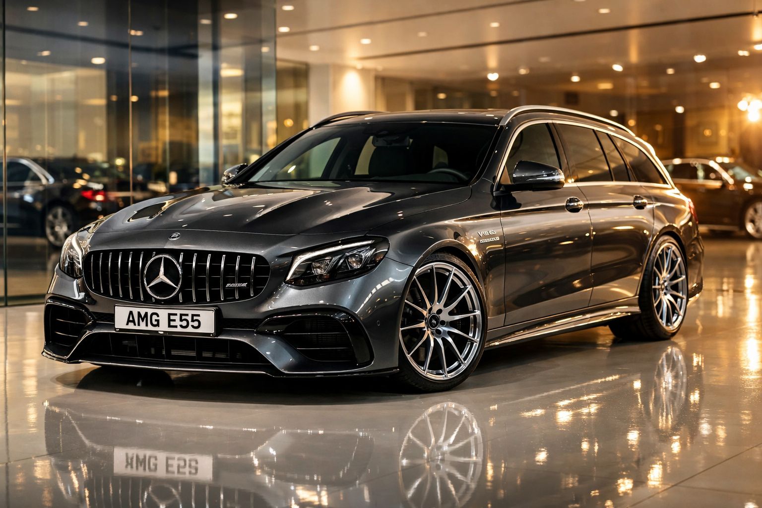 Carro Mercedes-Benz AMG E55 cinza estacionado num showroom com piso refletor e iluminação quente.