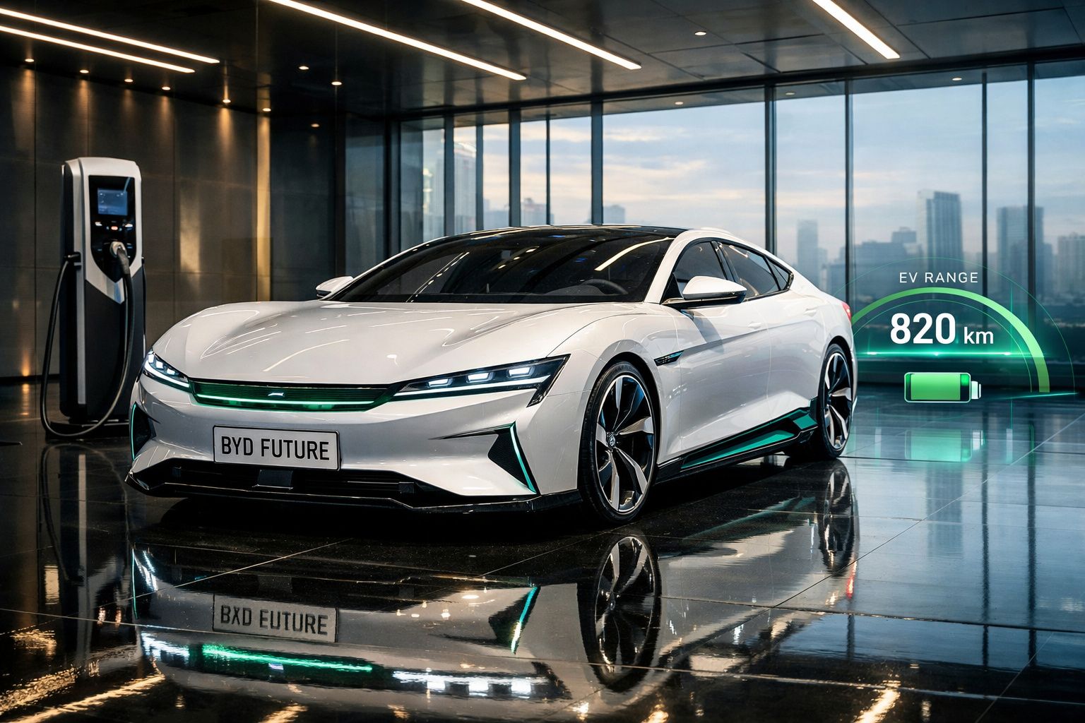 Carro elétrico branco estacionado numa garagem moderna, com carregador e indicação de autonomia de 820 km.