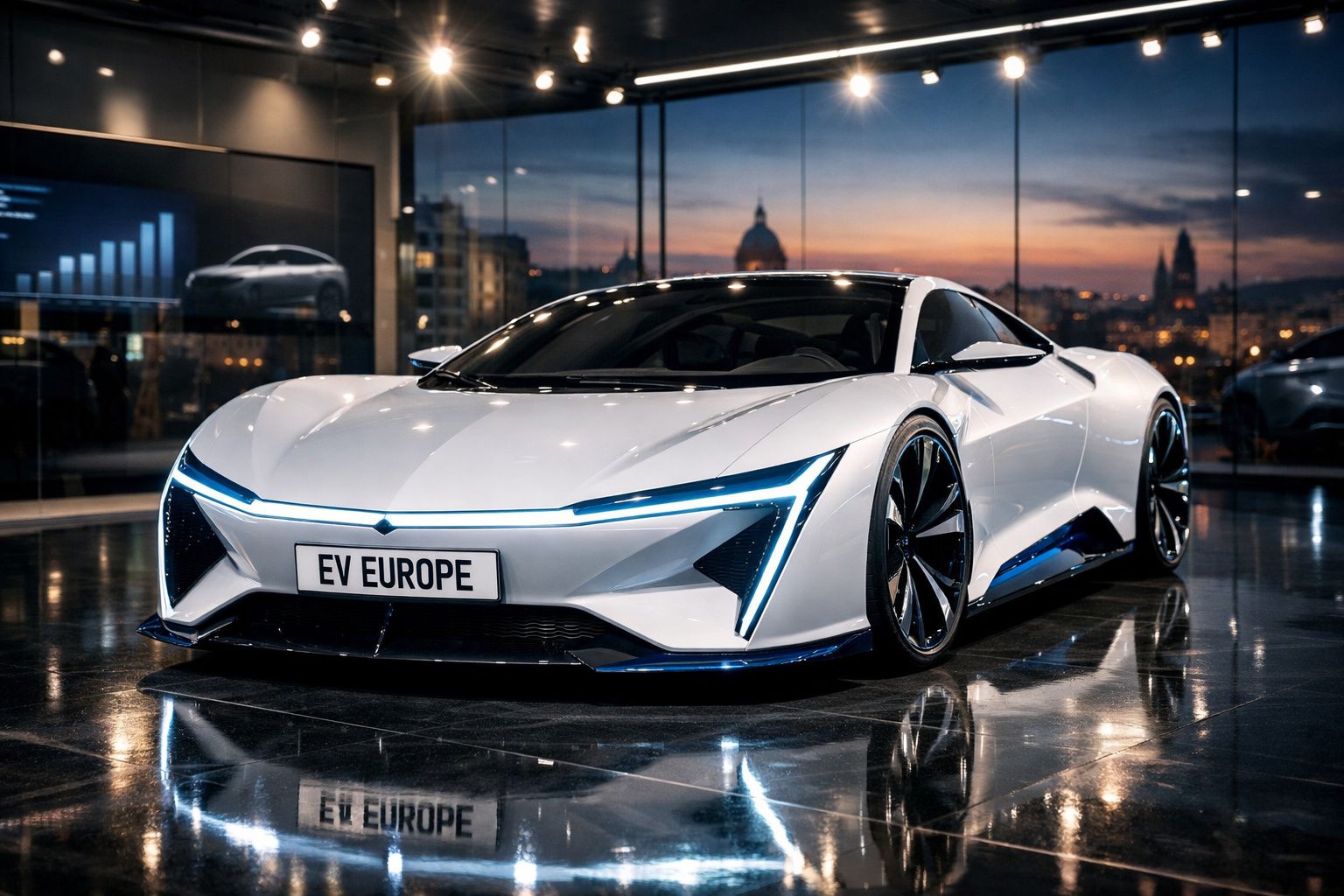 Carro elétrico branco de alta performance exibido em salão moderno com grandes janelas e vista urbana ao anoitecer.