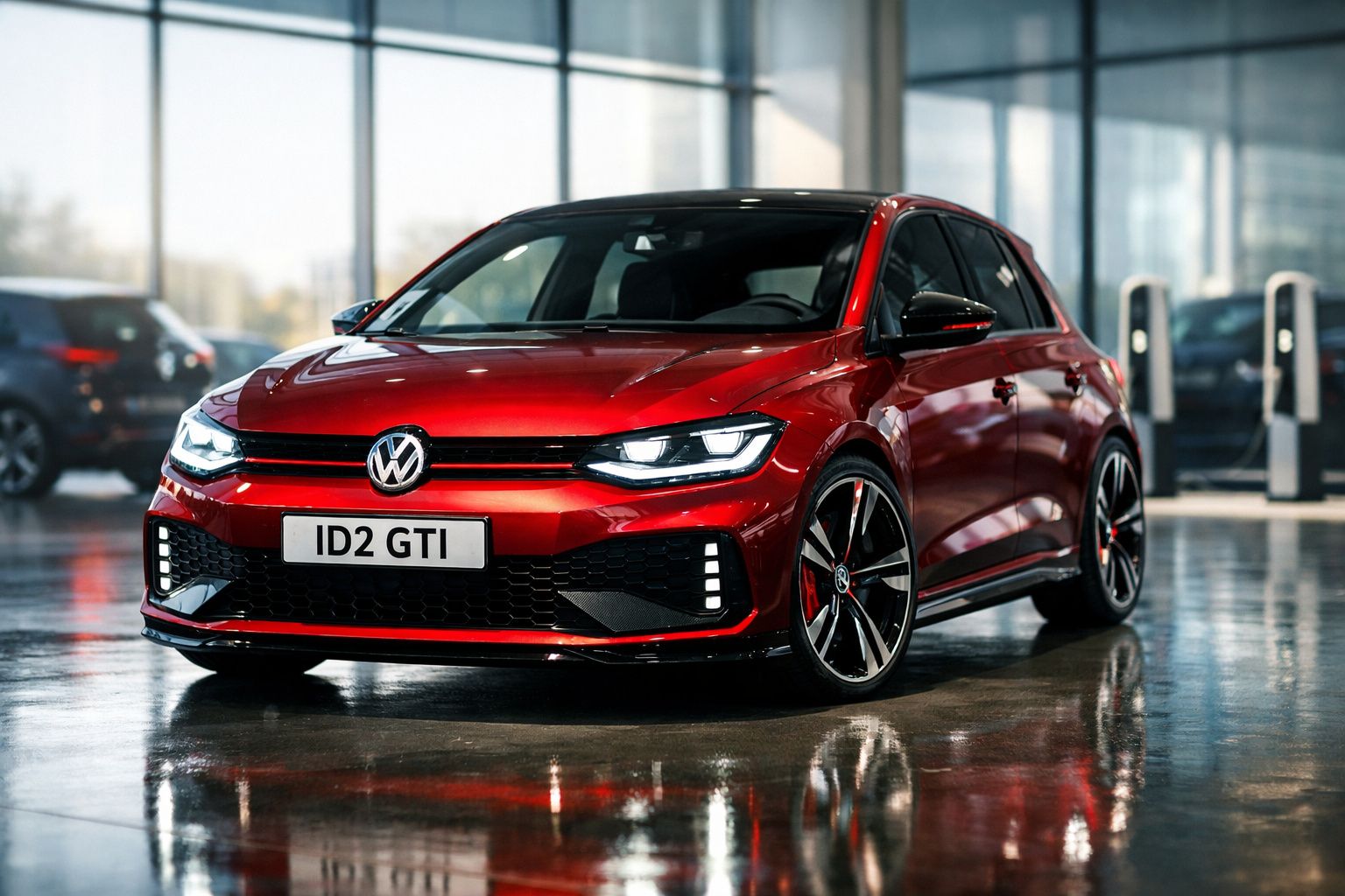 Carro vermelho Volkswagen ID2 GTI estacionado em piso interior refletor e luzes ligadas.