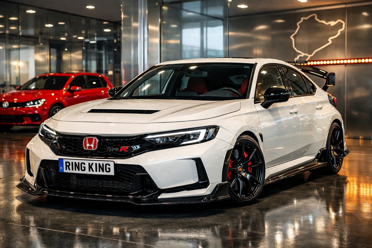 Honda Civic Type R branco estacionado em interior com carro vermelho ao fundo e placa personalizada RING KING