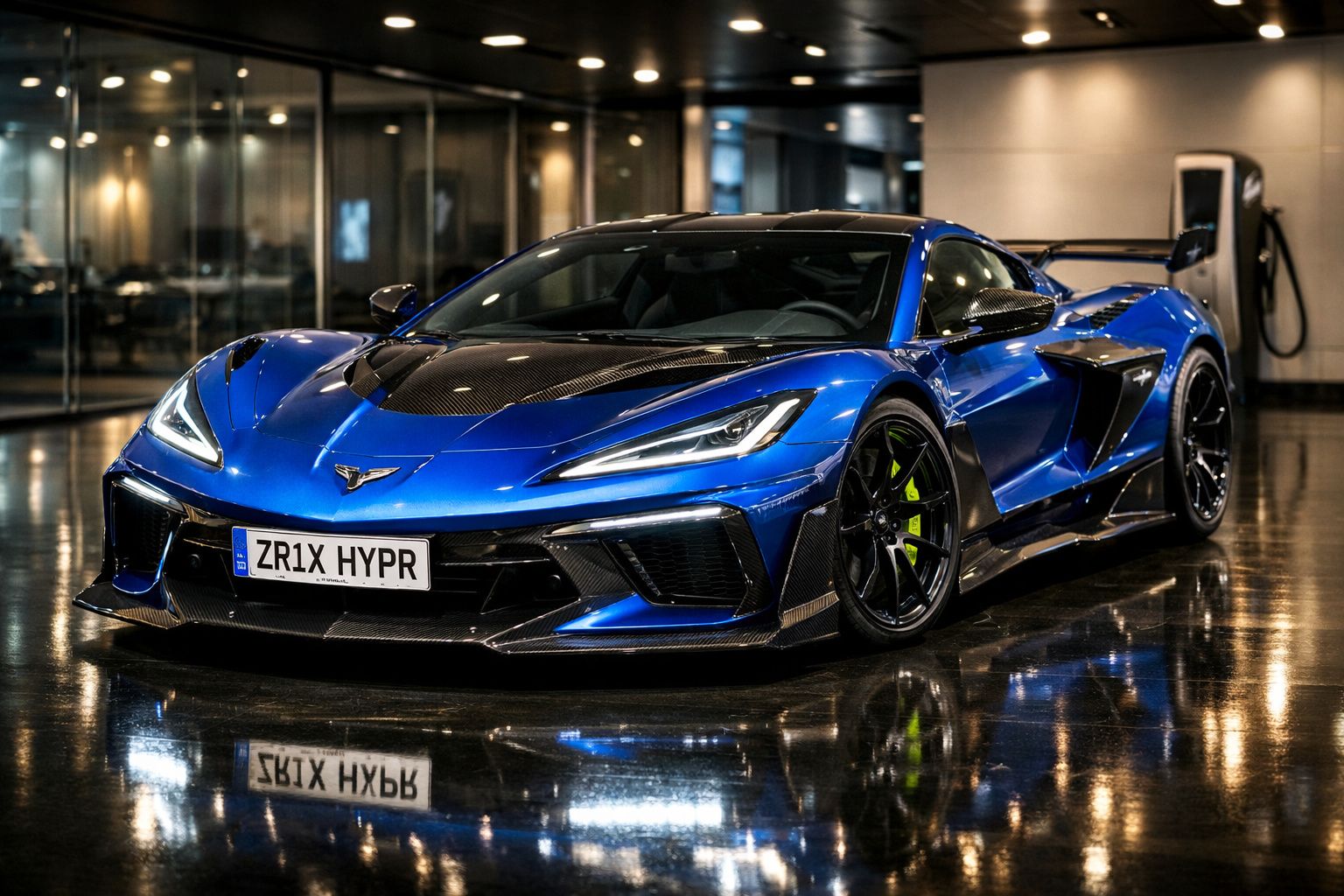Carro desportivo azul metálico com detalhes em carbono estacionado num piso brilhante, junto a uma parede de vidro.