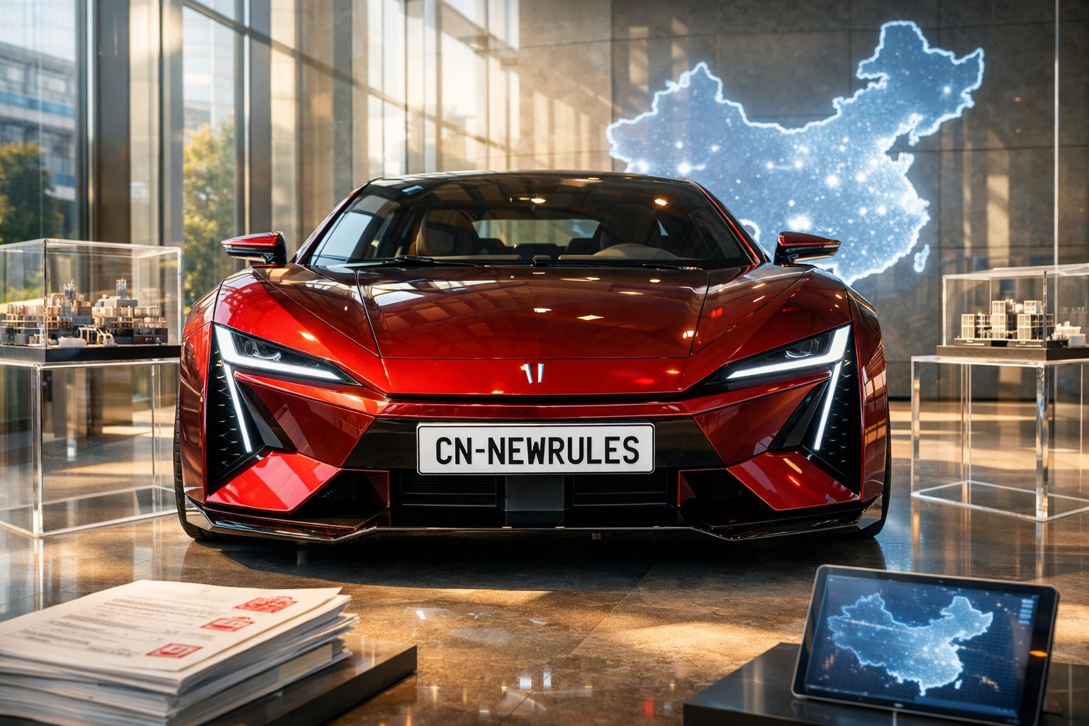 Carro desportivo vermelho futurista em exposição numa sala moderna com mapas digitais ao fundo.