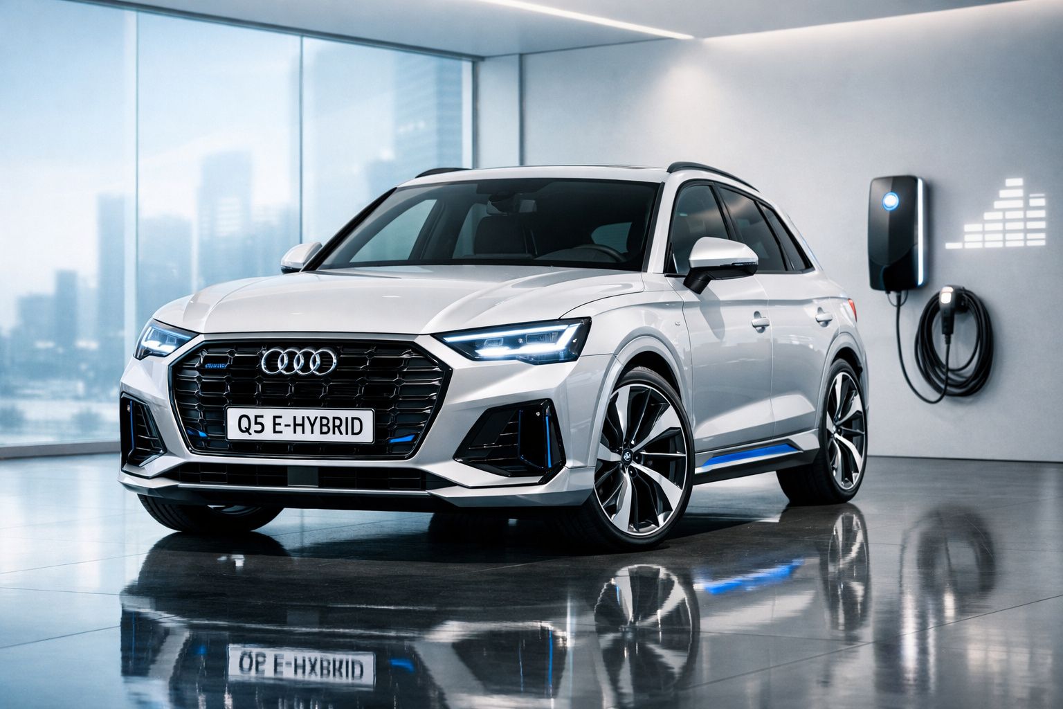 Audi Q5 E-Hybrid branco estacionado numa garagem moderna com carregador elétrico na parede.