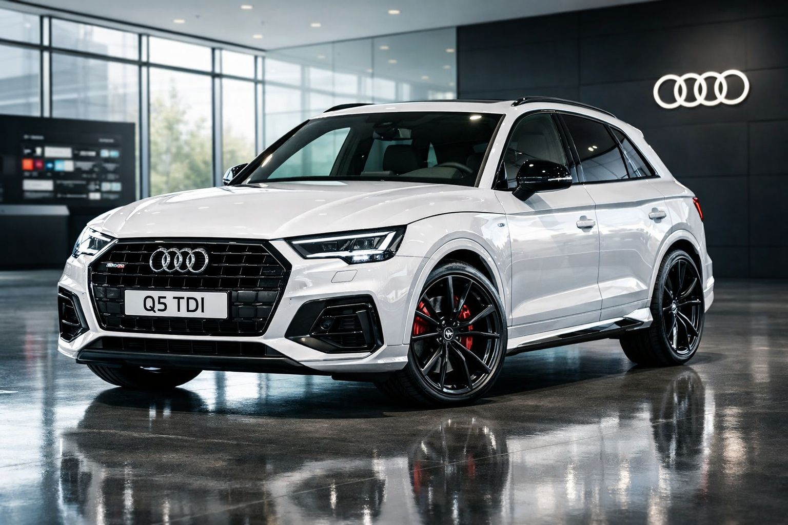 SUV Audi Q5 TDI branco estacionado em interior moderno com chão refletor e logotipo Audi visível.