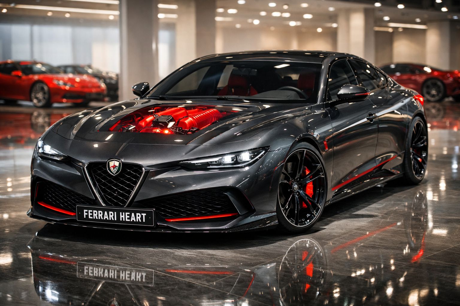 Carro desportivo cinzento com motor vermelho exposto e detalhes em vermelho, em exposição numa sala iluminada.