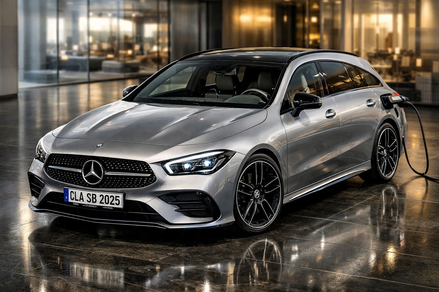 Mercedes-Benz cinzento metálico com carregamento elétrico em estrutura moderna com vidro.