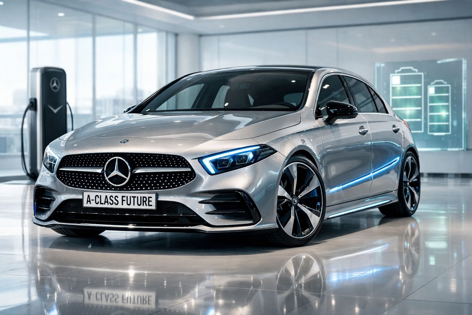 Mercedes-Benz A-Class Future elétrico cinzento estacionado em showroom moderno com carregador e baterias digitais ao fundo.