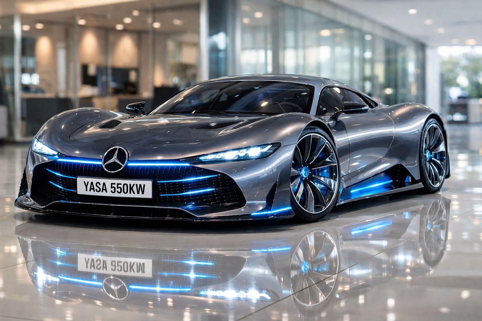 Automóvel desportivo elétrico Mercedes-Benz cinzento com iluminação azul em showroom moderno.