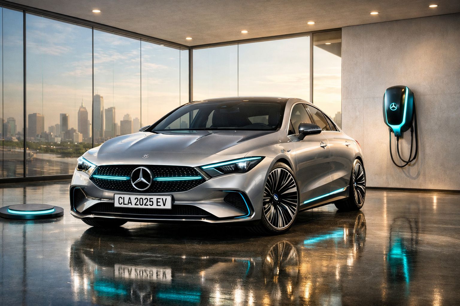 Carro elétrico Mercedes-Benz CLA 2025 EV cinzento estacionado em garagem com carregador na parede.