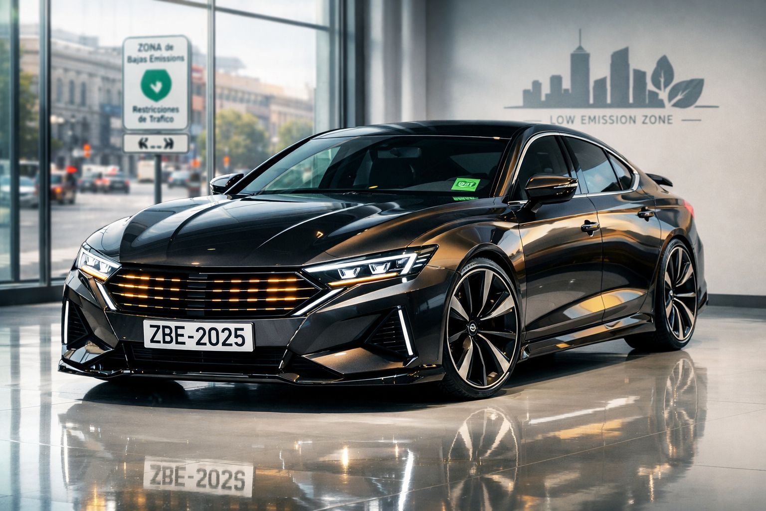 Carro preto moderno estacionado num espaço fechado com sinal de zona de baixas emissões ao fundo.