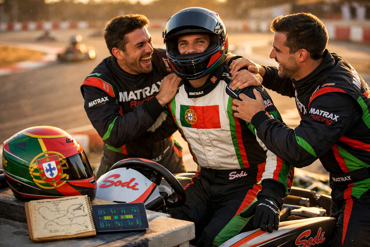 Piloto de kart com fatos de corrida e dois colegas a celebrar após prova ao pôr do sol.