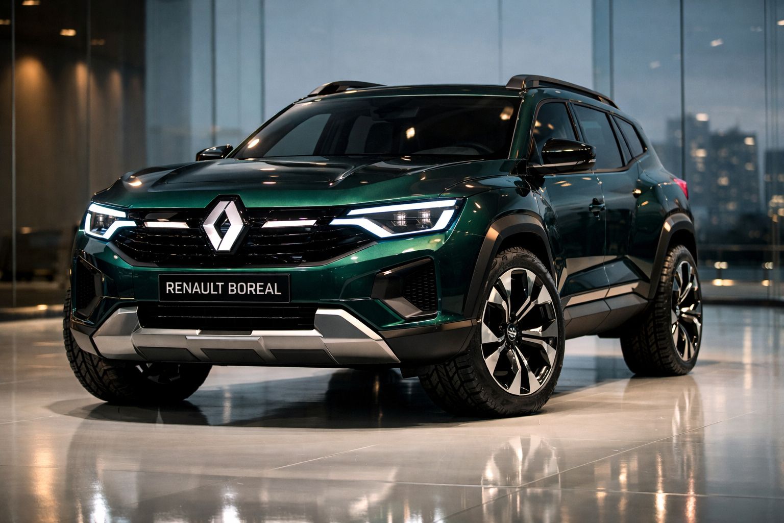 Renault Boreal verde escuro estacionado em interior com faróis LED ligados e jantes grandes.