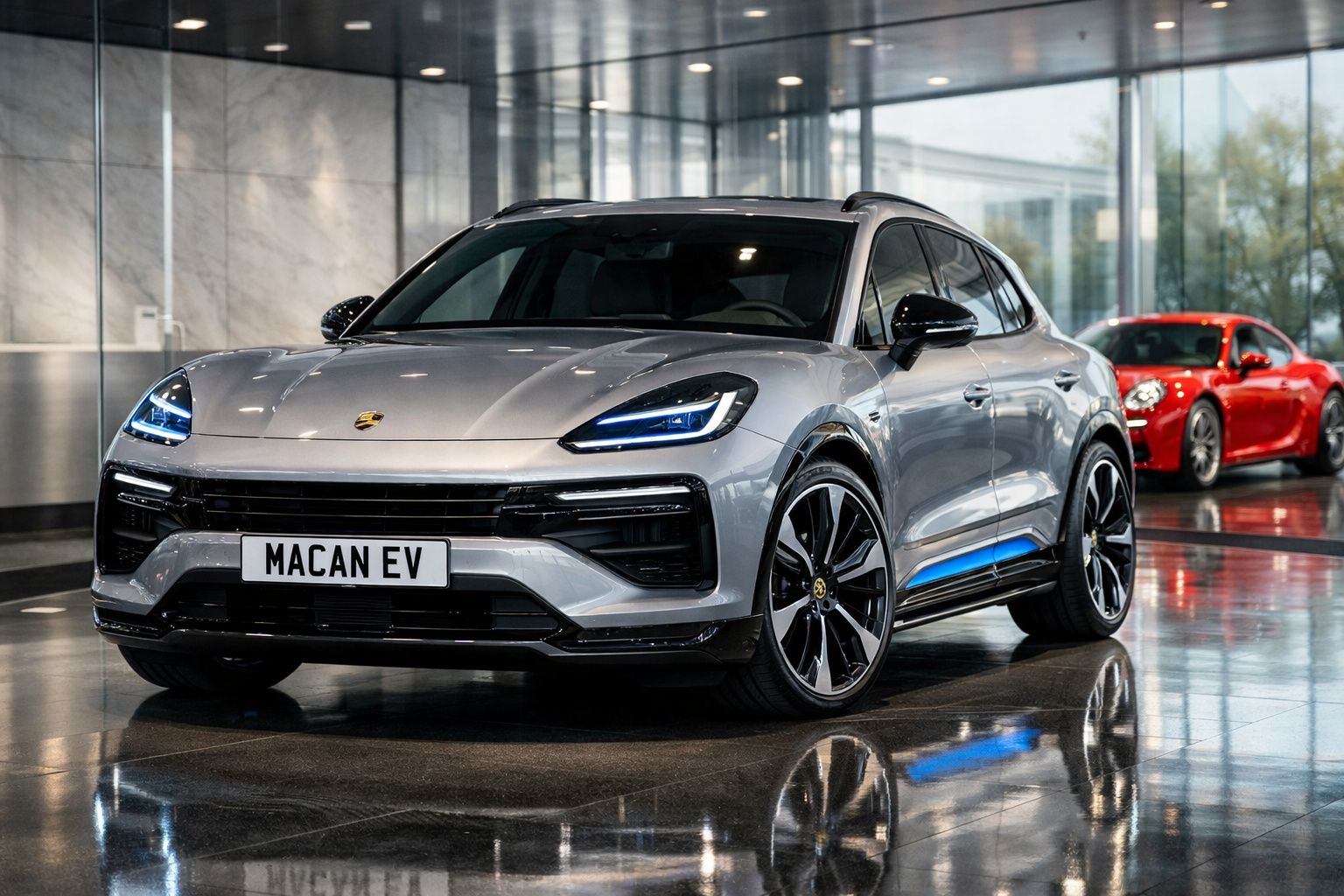 Carro elétrico Porsche Macan EV cinzento estacionado em showroom moderno com reflexos brilhantes no chão.
