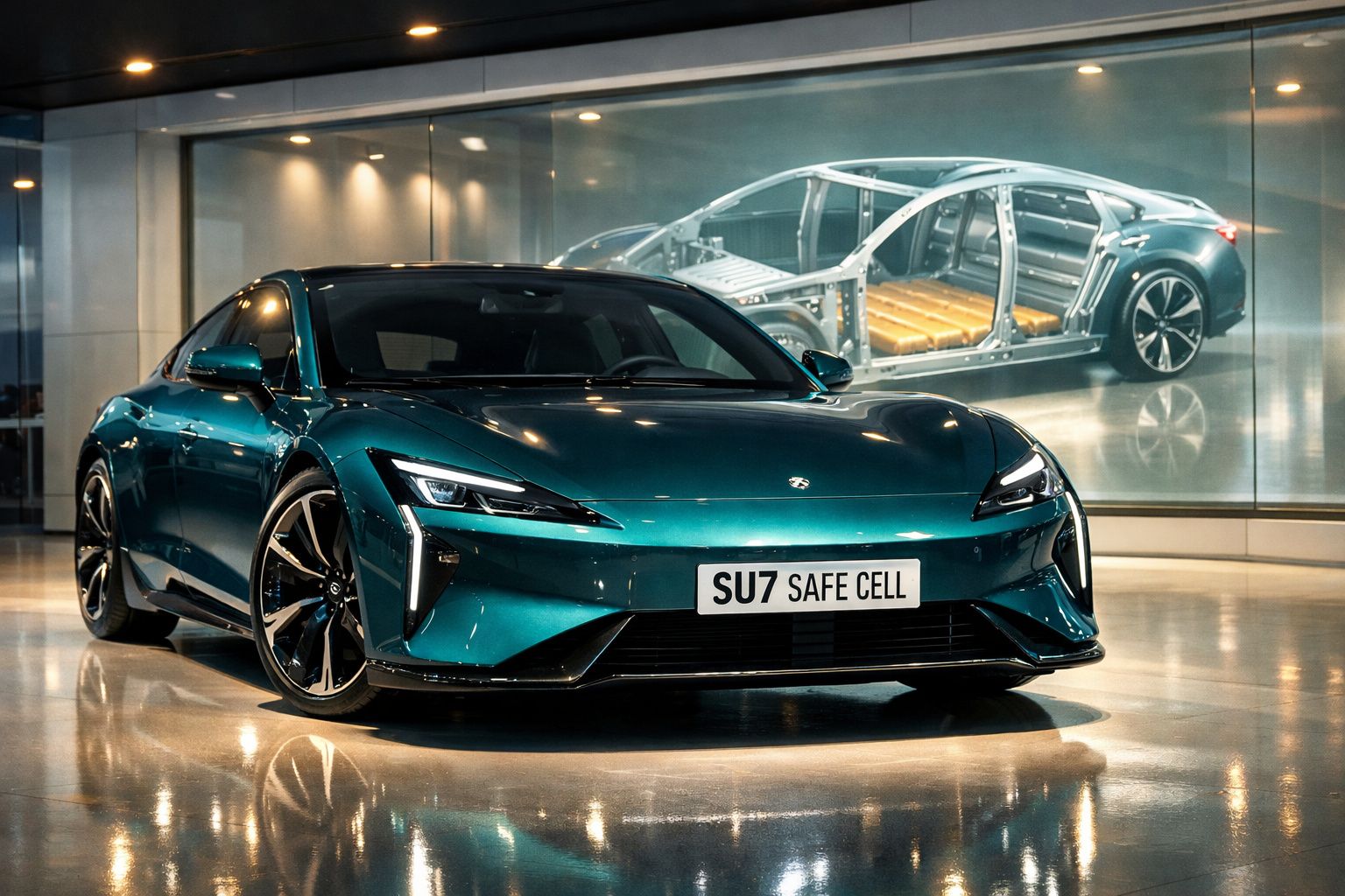 Carro elétrico desportivo verde com estrutura de segurança visível ao fundo numa exposição moderna.