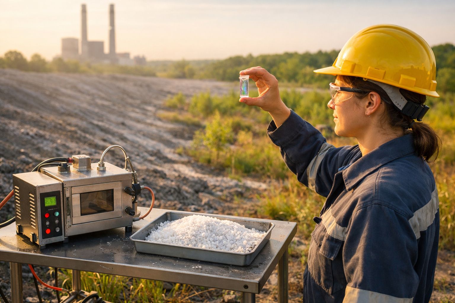 Engenheira com capacete amarelo analisa amostra de solo perto de equipamento em área industrial ao ar livre.