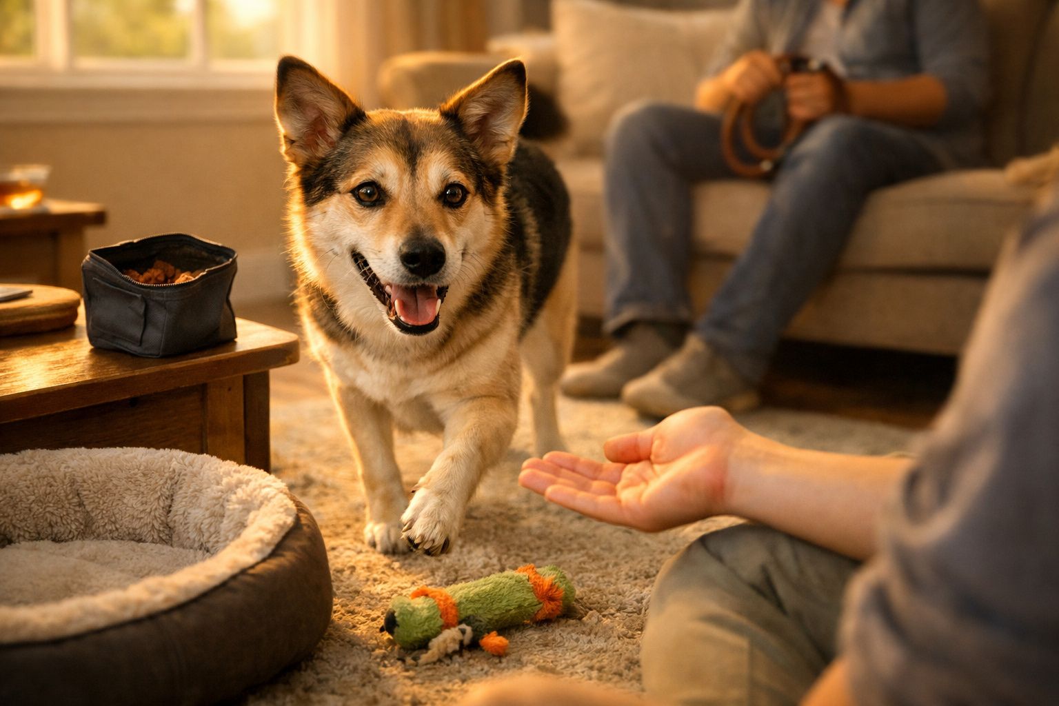 Cão sorridente a aproximar-se de uma mão humana numa sala com brinquedo e cama para cães.