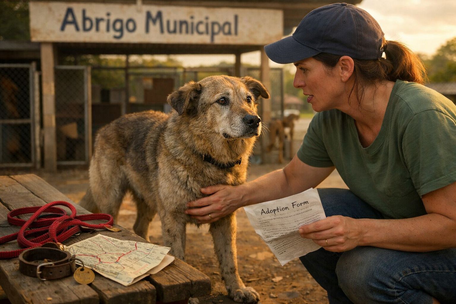 Mulher com boné acaricia cão castanho num abrigo municipal enquanto segura formulário de adopção.