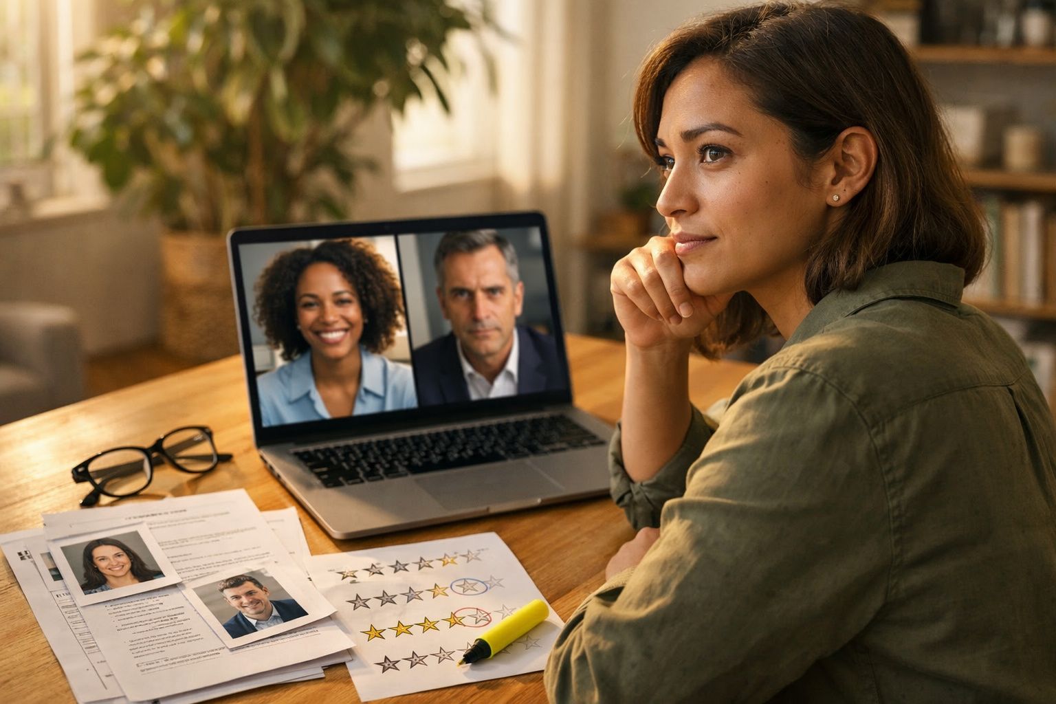 Mulher a participar numa videochamada num laptop enquanto analisa currículos e avaliações numa mesa.
