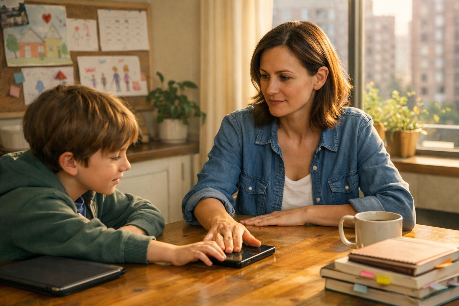 Mulher e menino sentados à mesa, interagem com telemóvel num ambiente acolhedor e iluminado.