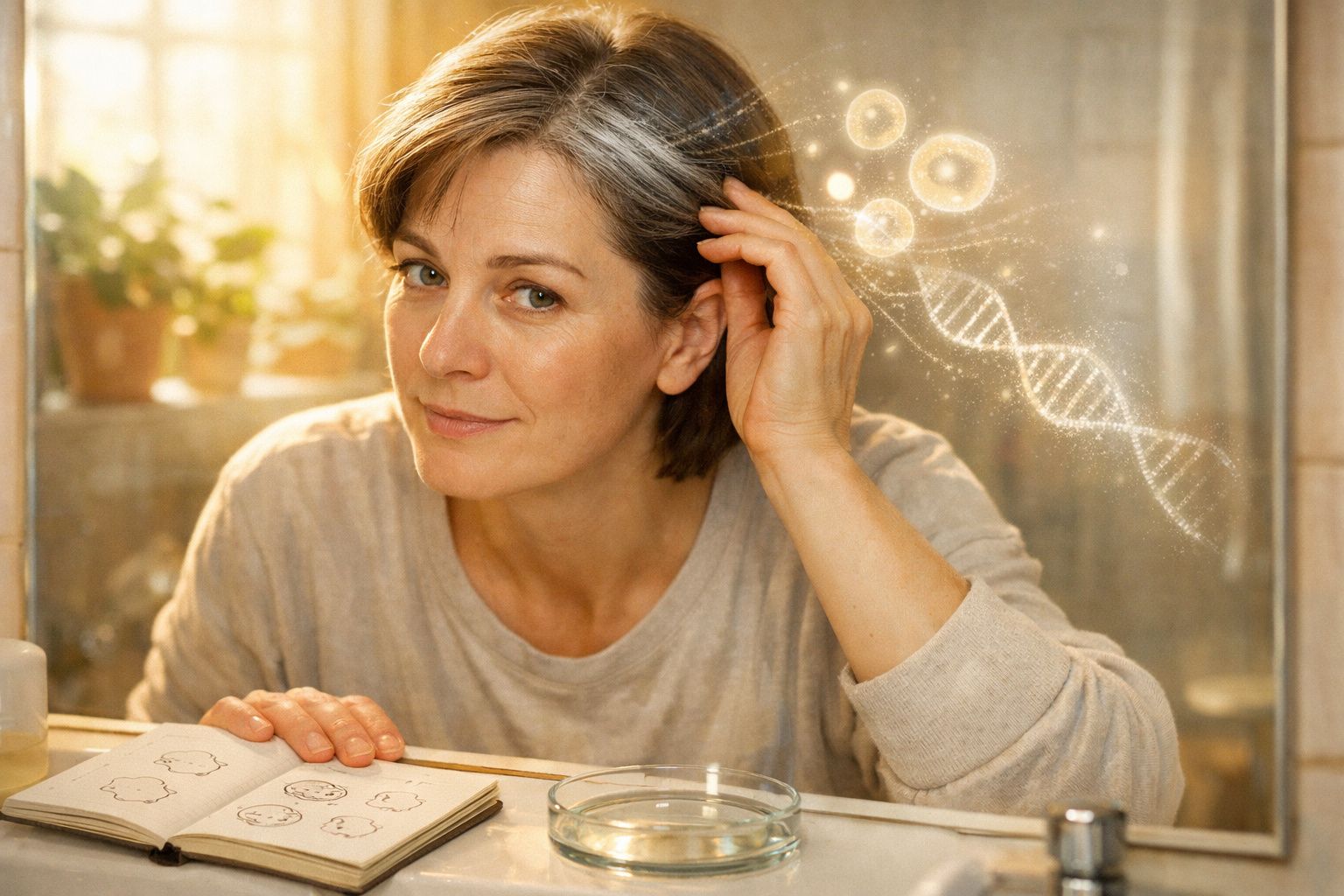 Mulher de meia idade com cabelo grisalho olha-se ao espelho com ilustrações de ADN e células acima.