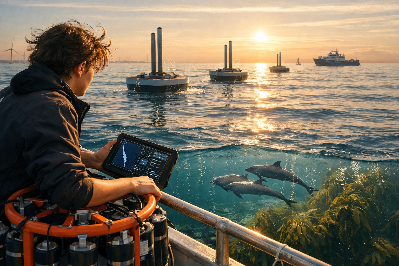 Pessoa numa embarcação a controlar equipamento tecnológico, observando golfinhos em águas claras ao pôr do sol.