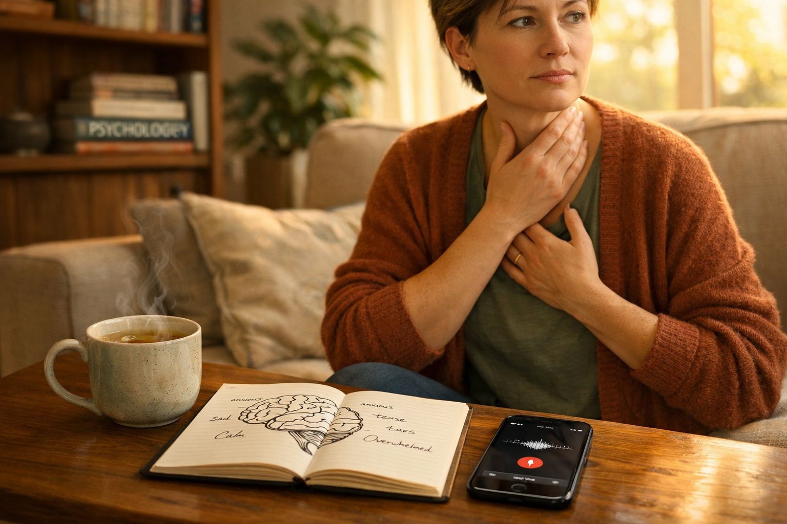 Pessoa sentada a tocar a garganta, com chá quente, caderno aberto e telemóvel numa mesa à frente.