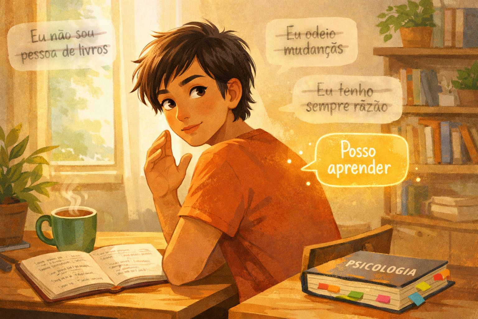 Pessoa jovem sentada numa mesa com livros, a luz do sol entra pela janela, com pensamentos motivacionais visíveis.