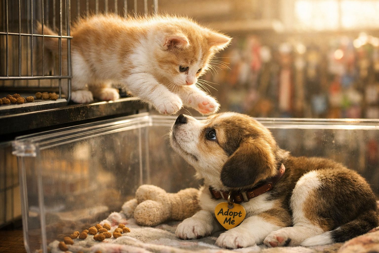 Gato e cão bebé a tocarem-se numa loja de animais, cão tem uma medalha com a mensagem "Adopt Me".