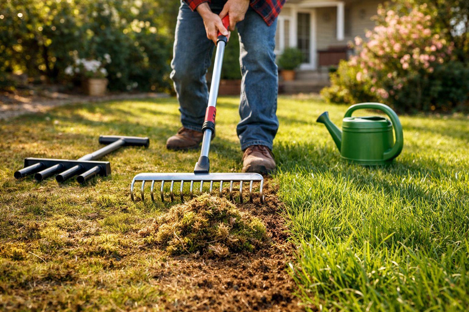 Pessoa a arejar relva seca no jardim com um ancinho, com regador verde ao lado.