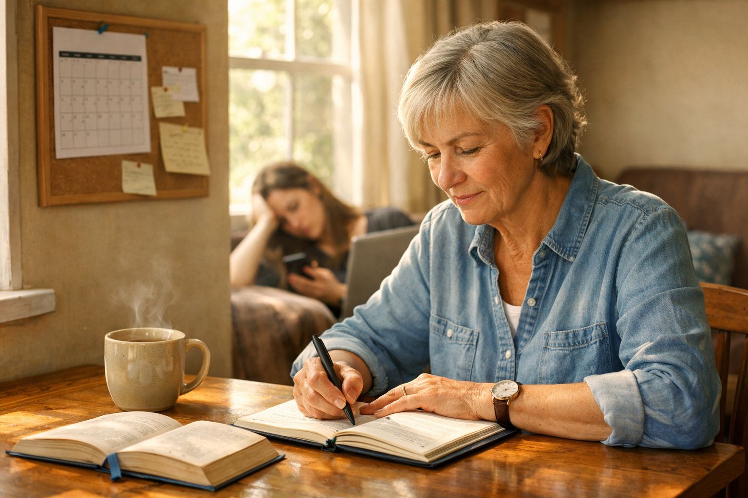 Mulher sénior a escrever num caderno, com chá quente na mesa e jovem ao fundo a usar telemóvel.