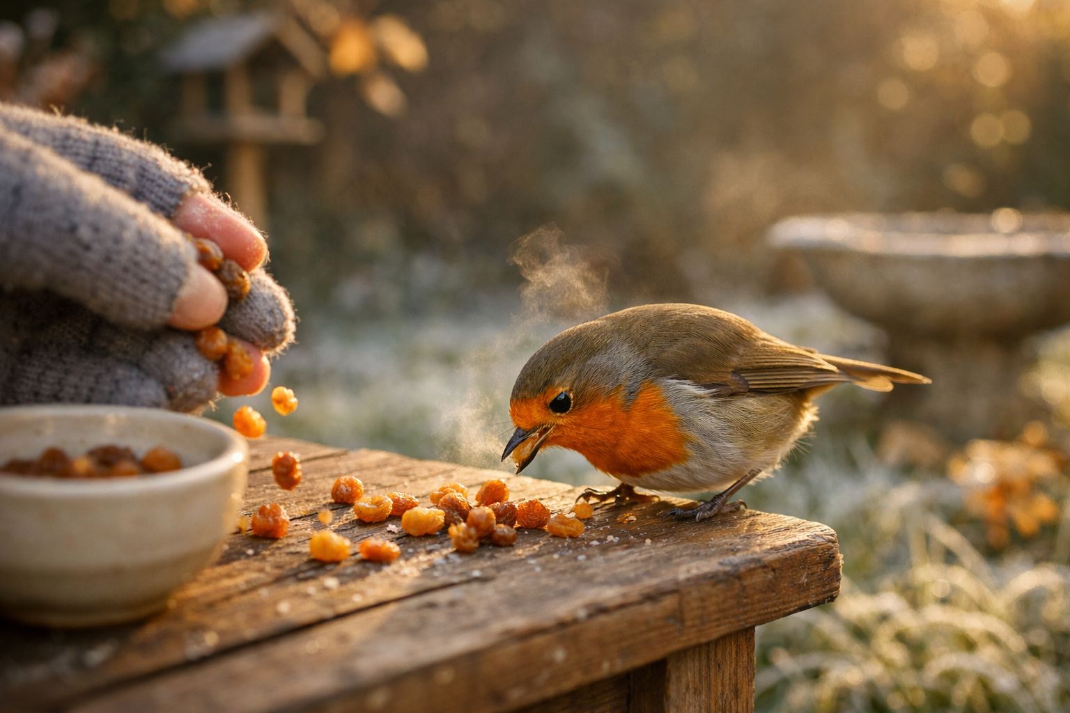 Pássaro-de-peito-ruivo a comer frutos secos numa mesa de madeira ao ar livre num dia frio de inverno.