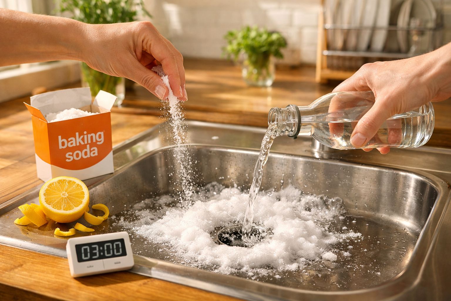 Mãos a deitar bicarbonato e vinagre na pia da cozinha para limpar, com limão e temporizador ao lado.
