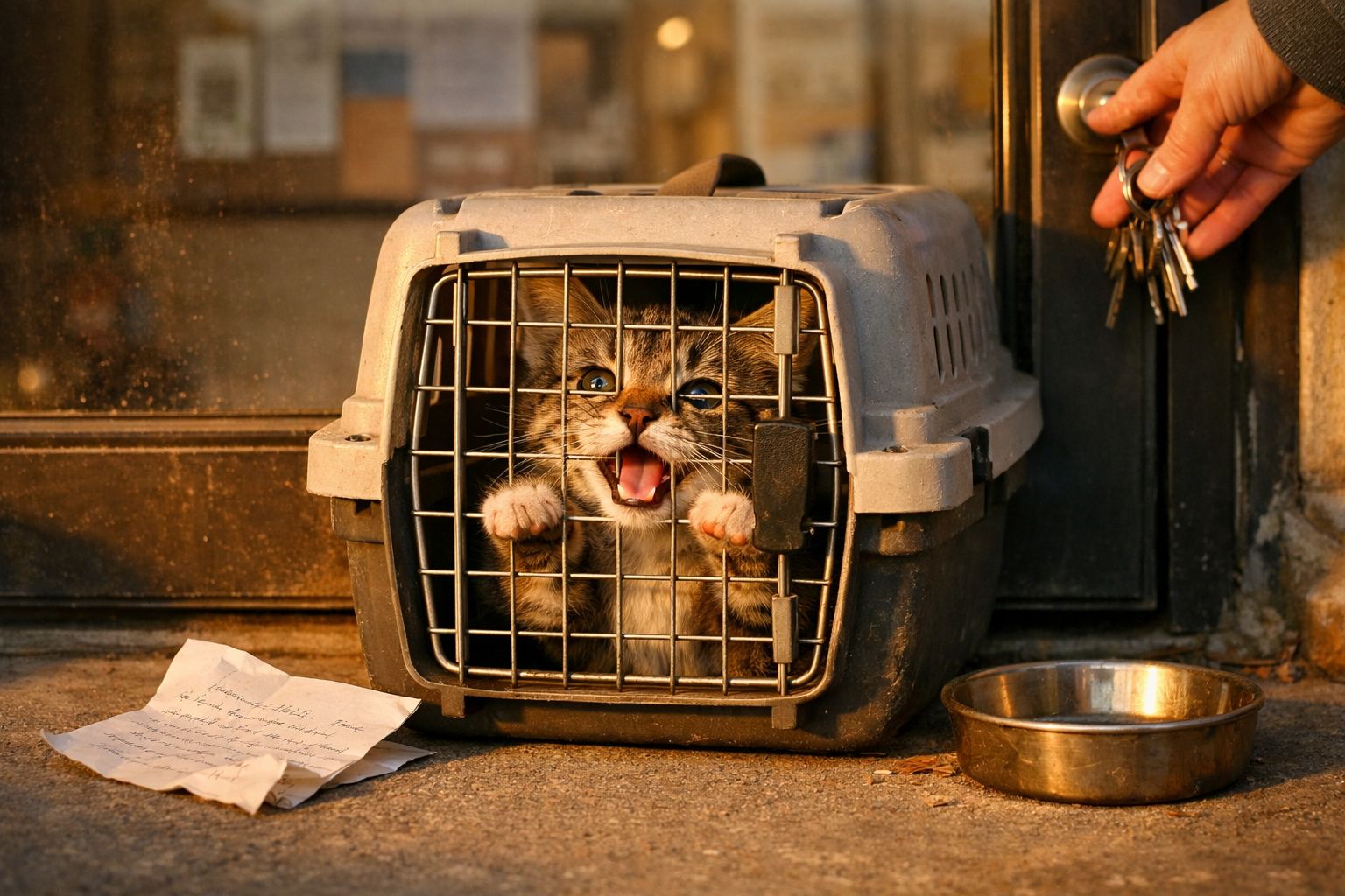 Gato dentro de transportadora a miar, com tigela vazia e mão a abrir porta ao fundo.