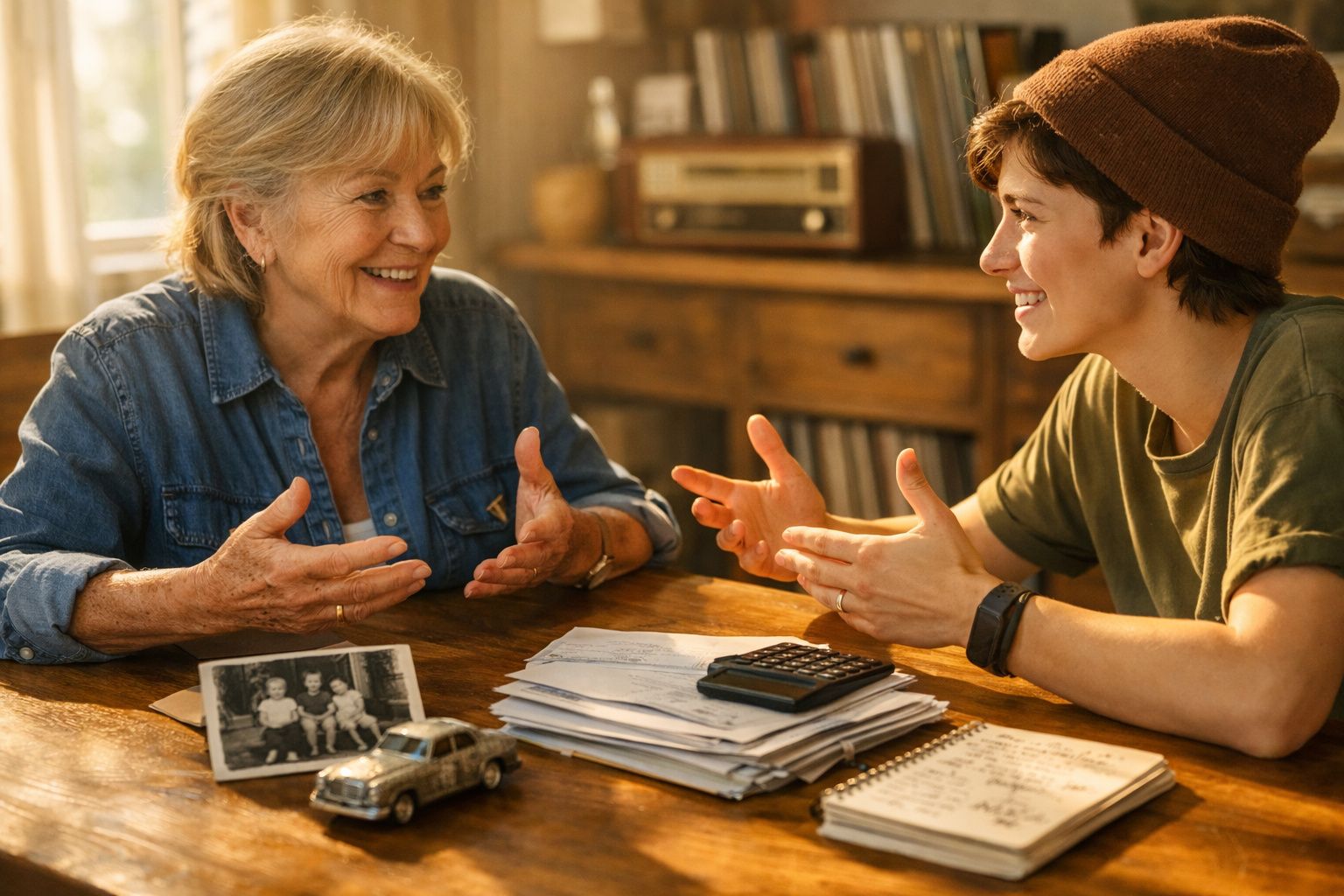 Duas mulheres conversam animadamente à mesa com documentos, calculadora e uma fotografia antiga.