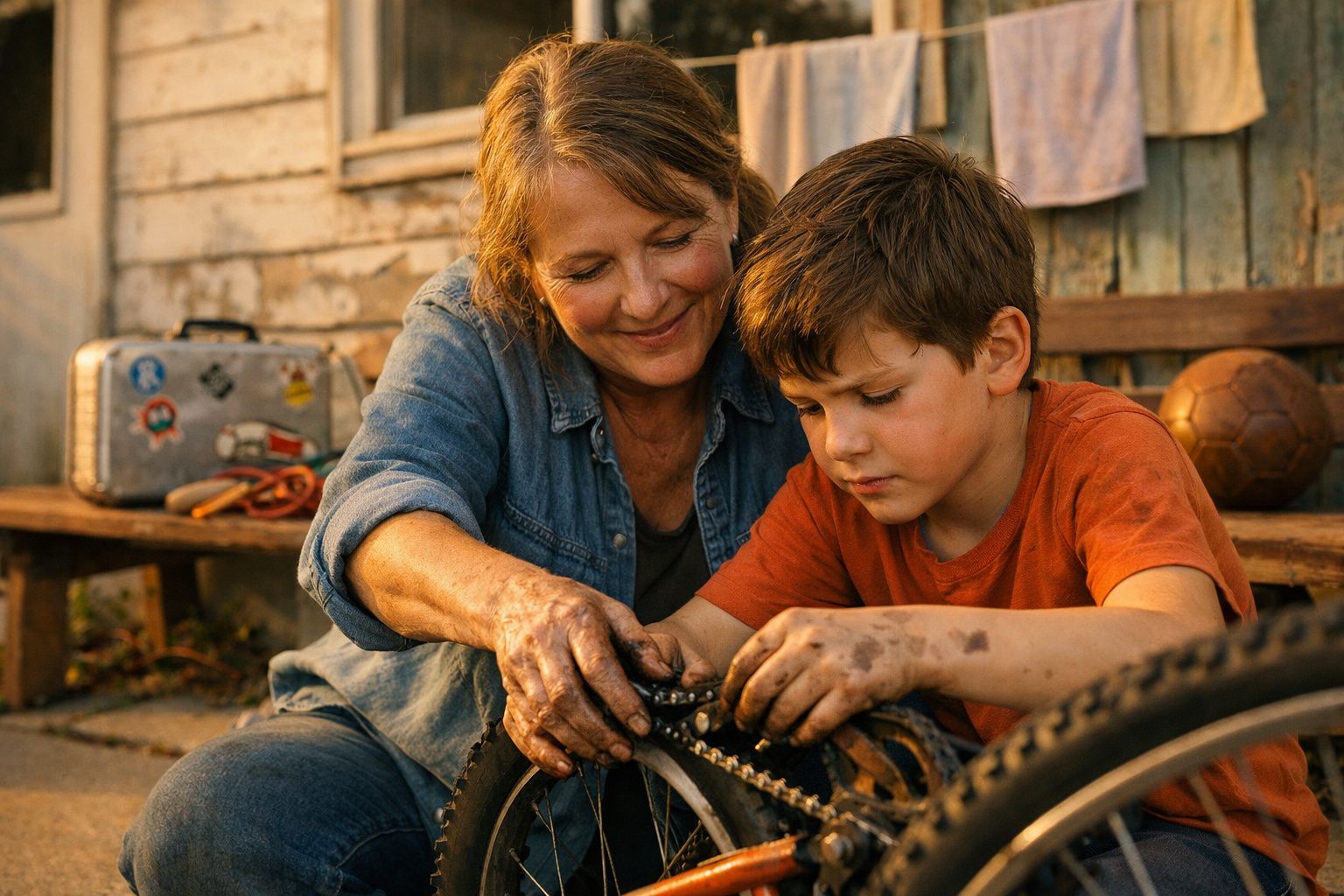 Mulher e menino sujos de óleo arranjam a corrente de uma bicicleta fora de casa.