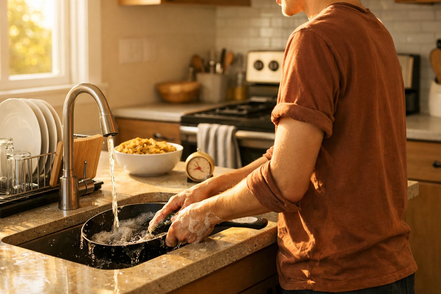 Pessoa a lavar uma frigideira com espuma e água corrente numa cozinha iluminada naturalmente.