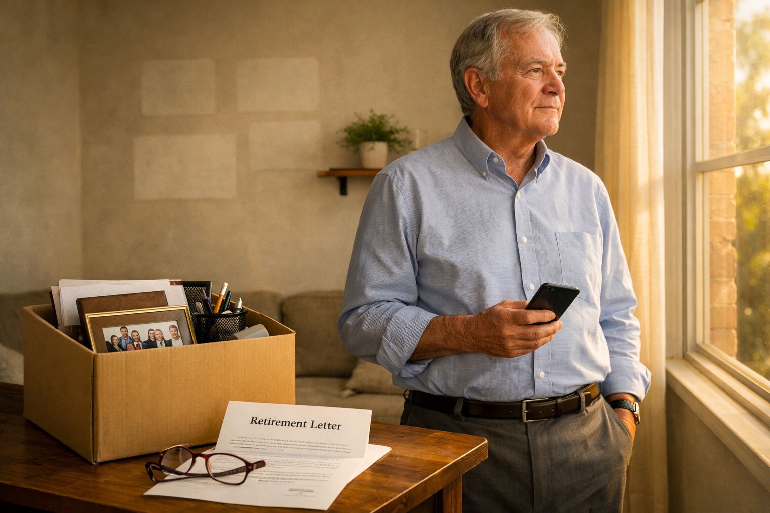 Homem sénior a olhar pela janela com carta de reforma e caixa com objetos pessoais numa mesa.
