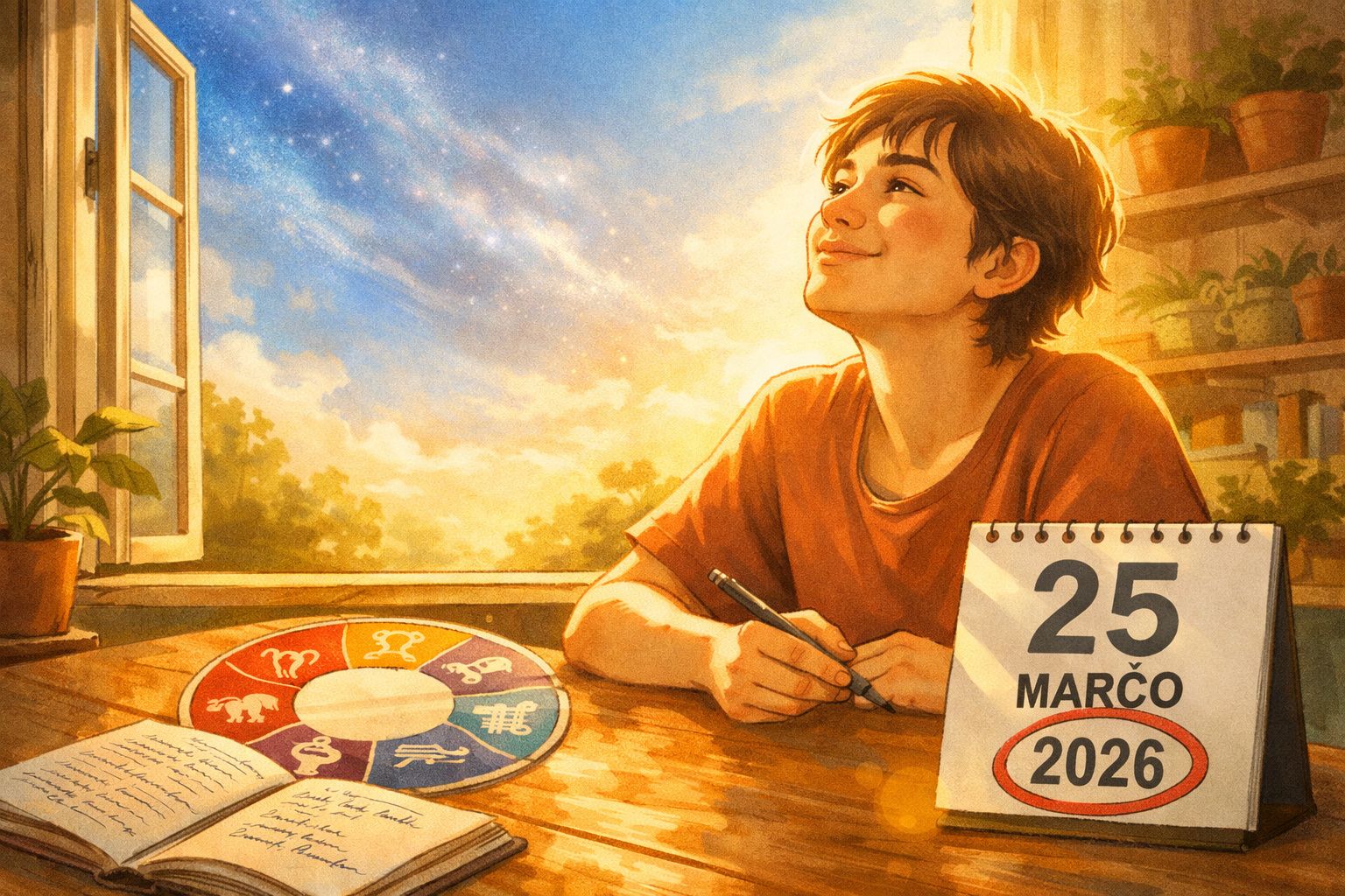 Jovem sorridente sentado à mesa com calendário marcando 25 de março de 2026 e símbolos zodiacais coloridos.