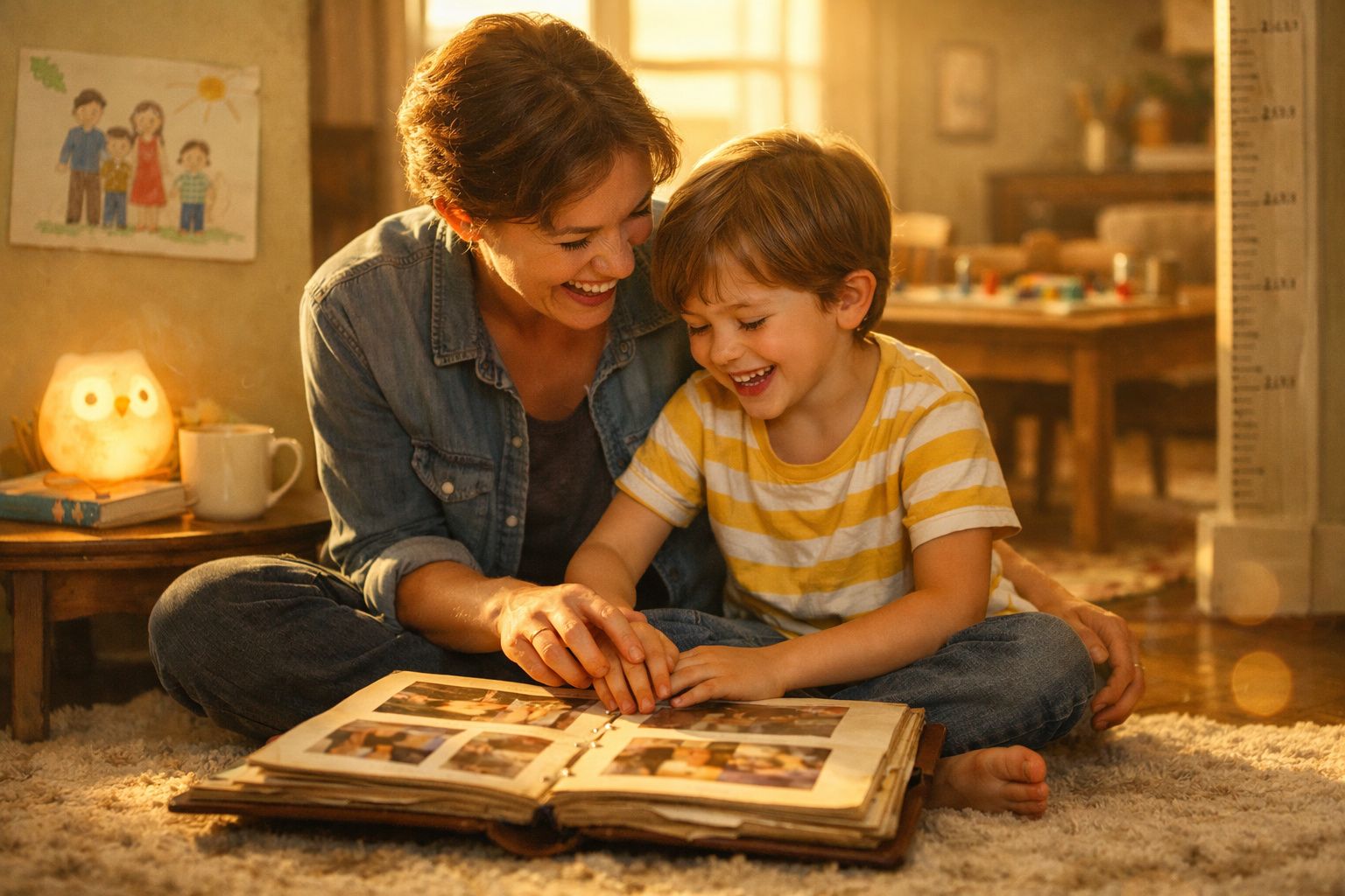 Mulher e menino sorrindo enquanto olham um álbum de fotografias sentados no chão de uma sala acolhedora.
