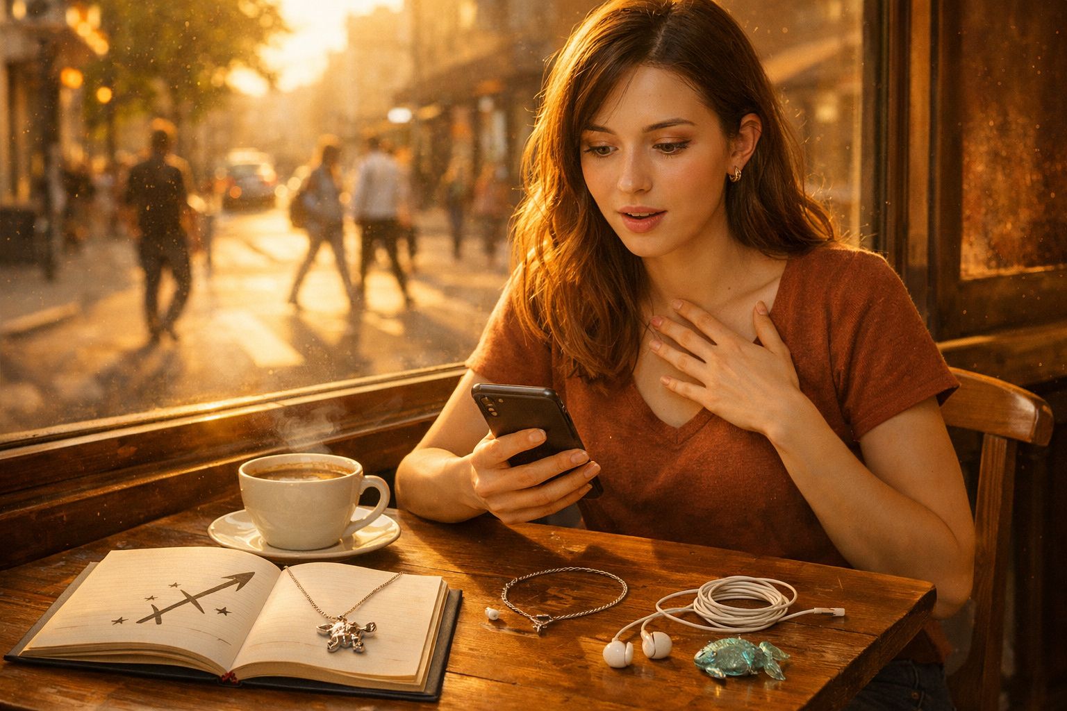 Mulher surpreendida a olhar para o telemóvel sentada numa mesa com café, colar, livro e auscultadores.
