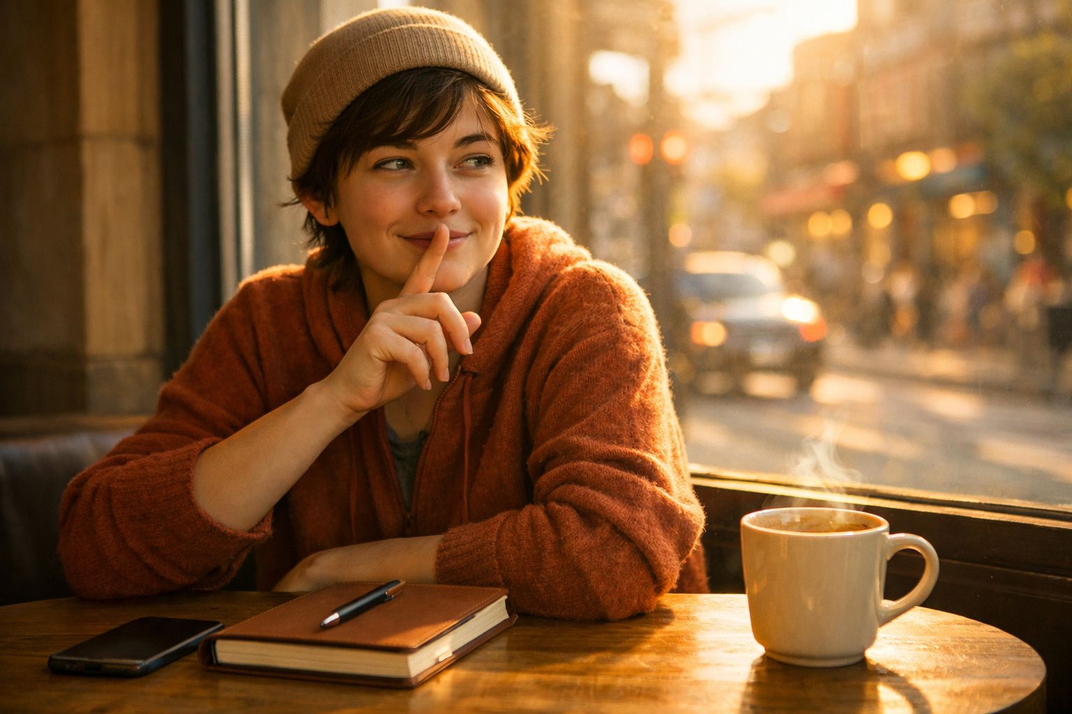 Jovem com camisola castanha e gorro sentado numa cafetaria, a fazer sinal de silêncio, com chá quente na mesa.