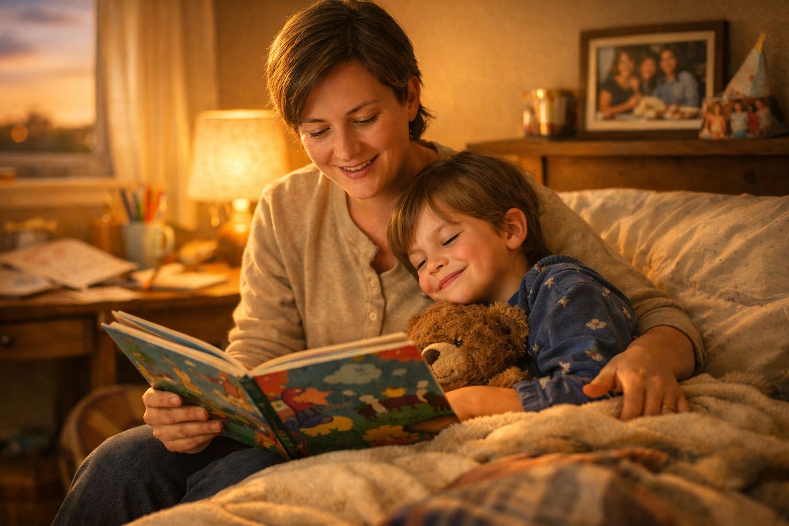 Mãe lê livro infantil para filho aconchegado na cama com um ursinho de peluche num quarto acolhedor.