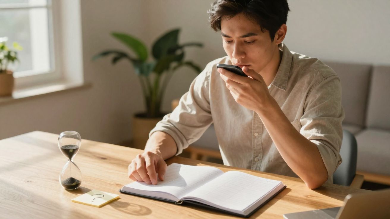 Jovem sentado numa mesa, a usar comando de voz com livro aberto e ampulheta ao lado.