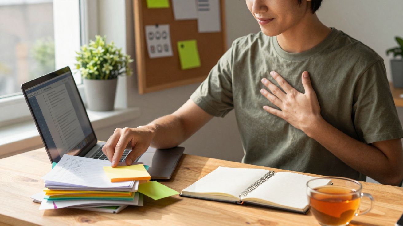 Pessoa a trabalhar em casa, organizando notas e olhando para o computador com chá ao lado.