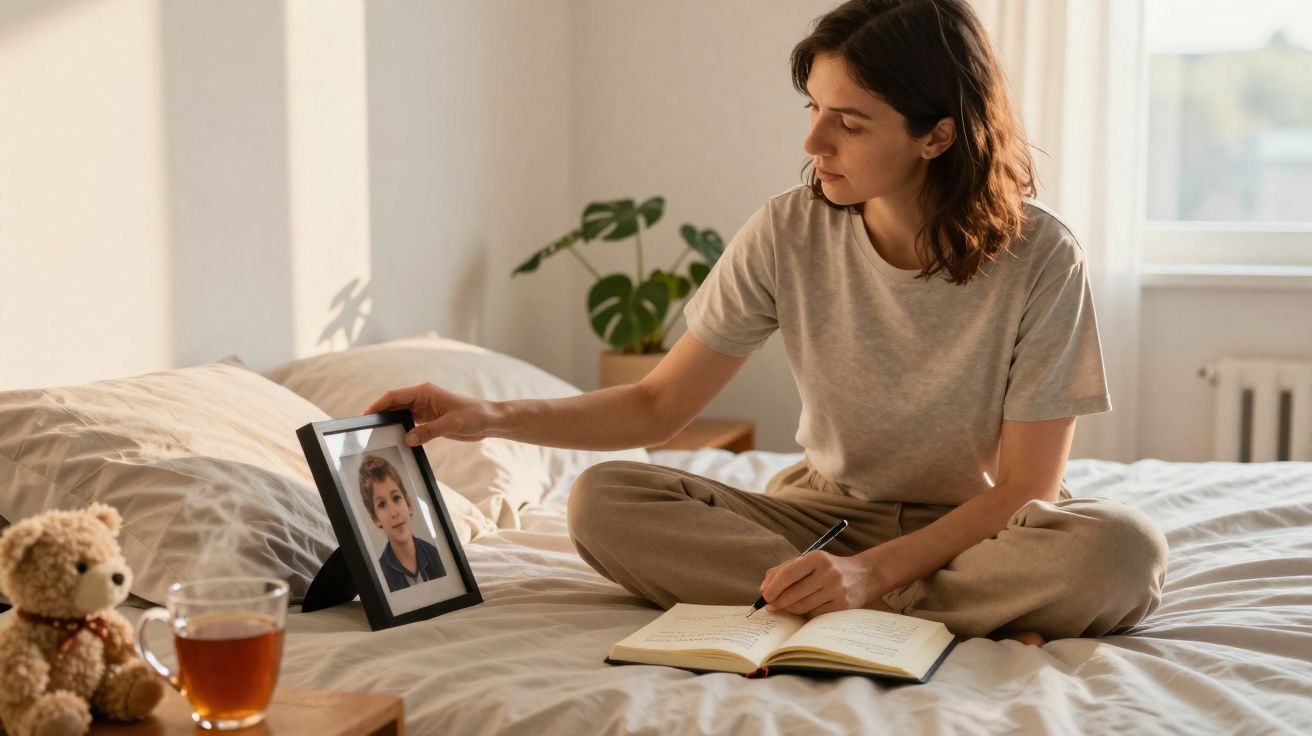 Mulher sentada na cama a escrever num caderno enquanto segura uma moldura com foto de criança.