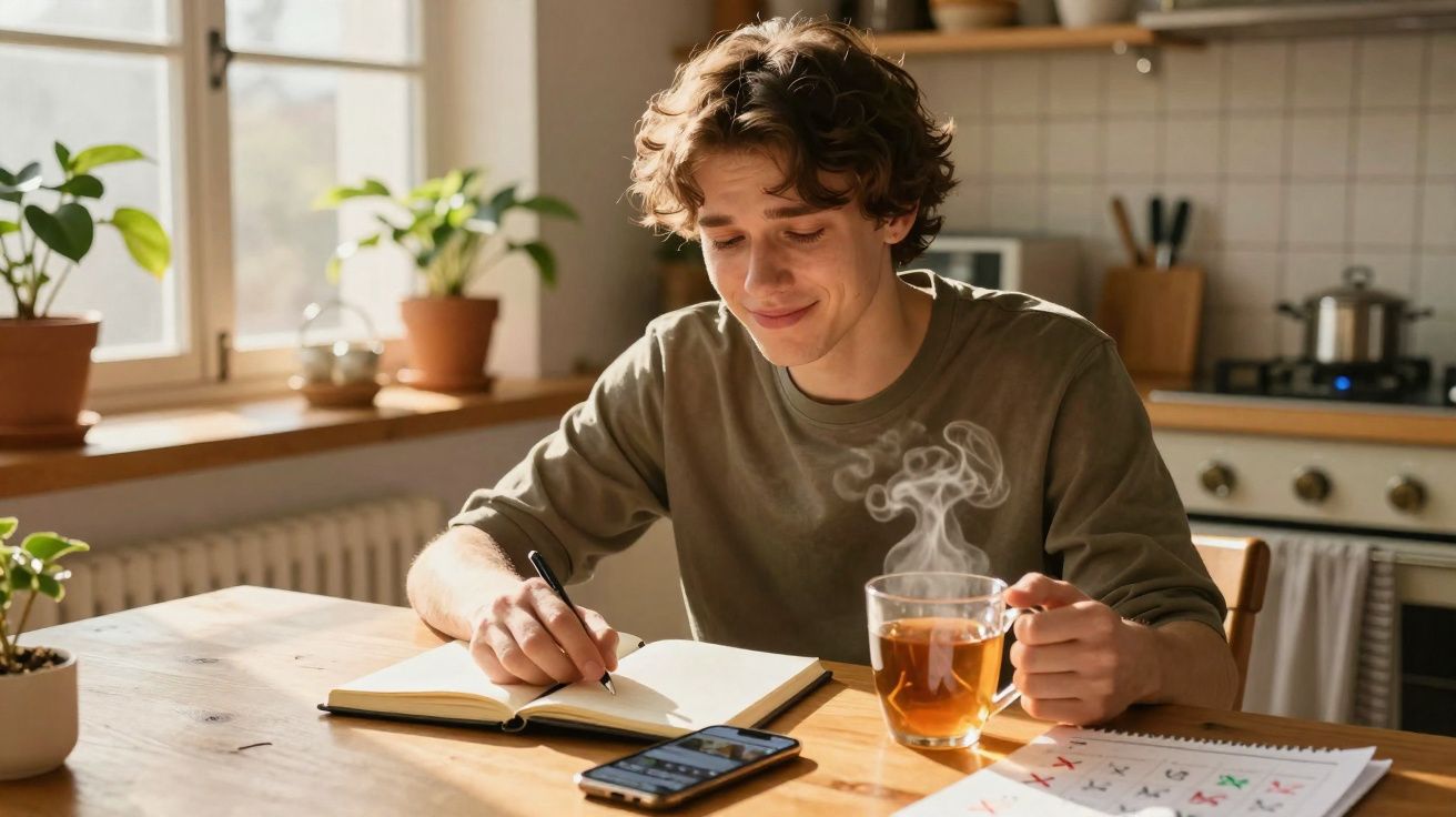 Jovem sentado a escrever num caderno, com chá fumegante e telemóvel numa mesa de cozinha iluminada.