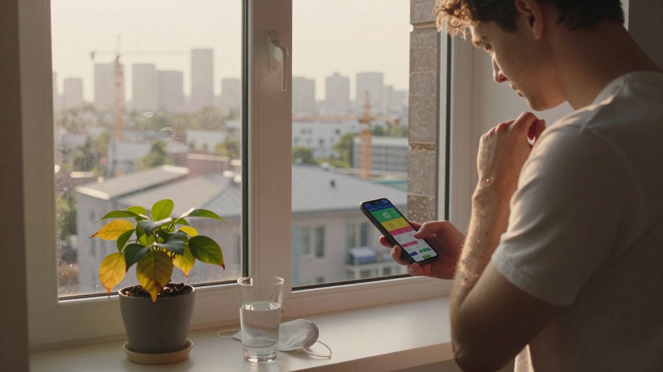 Homem de branco a usar telemóvel junto a janela com planta, copo de água e máscara numa casa urbana.